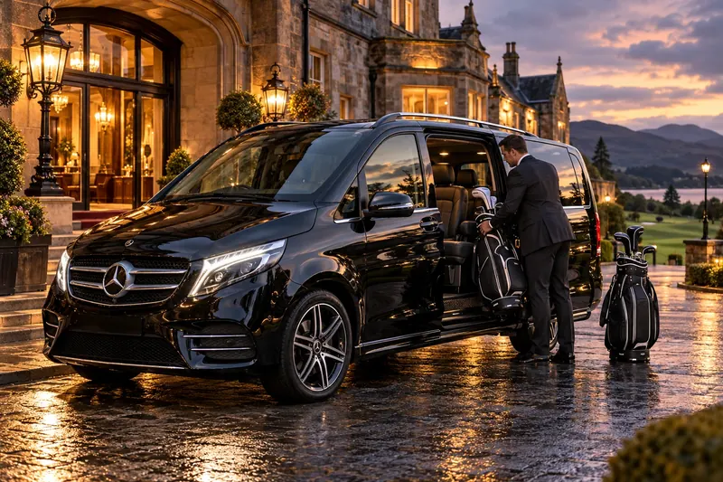 Chauffeur loading golf bags into a black Mercedes V-Class outside a country hotel