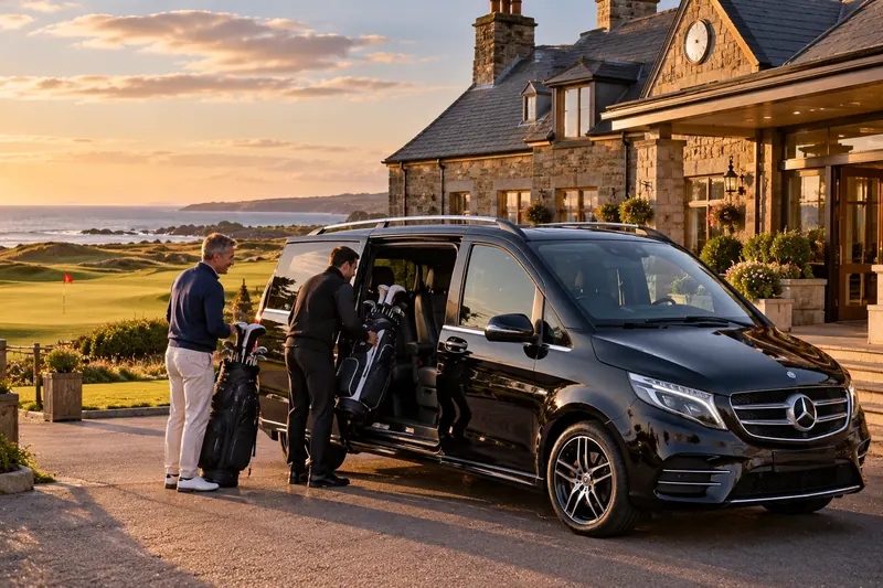 Chauffeur loading golf bags into a black Mercedes V-Class at a seaside golf clubhouse