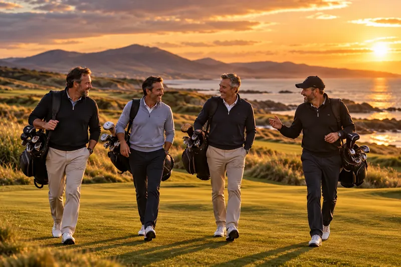 Four golfers walking and laughing on a links fairway at sunset