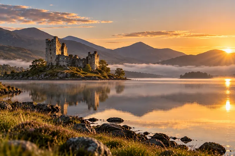 Ruined castle on a misty Highland loch at sunrise