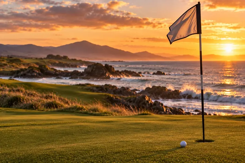 Pin flag and golf ball on a links green above a rocky shore at sunset