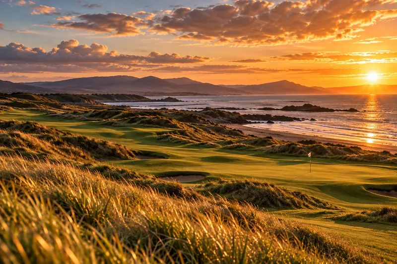 Links golf course among the dunes at sunset, with the sea and hills beyond